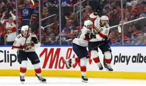 Florida Panthers players celebrate during game against the Edmonton Oilers, June 9th 2025