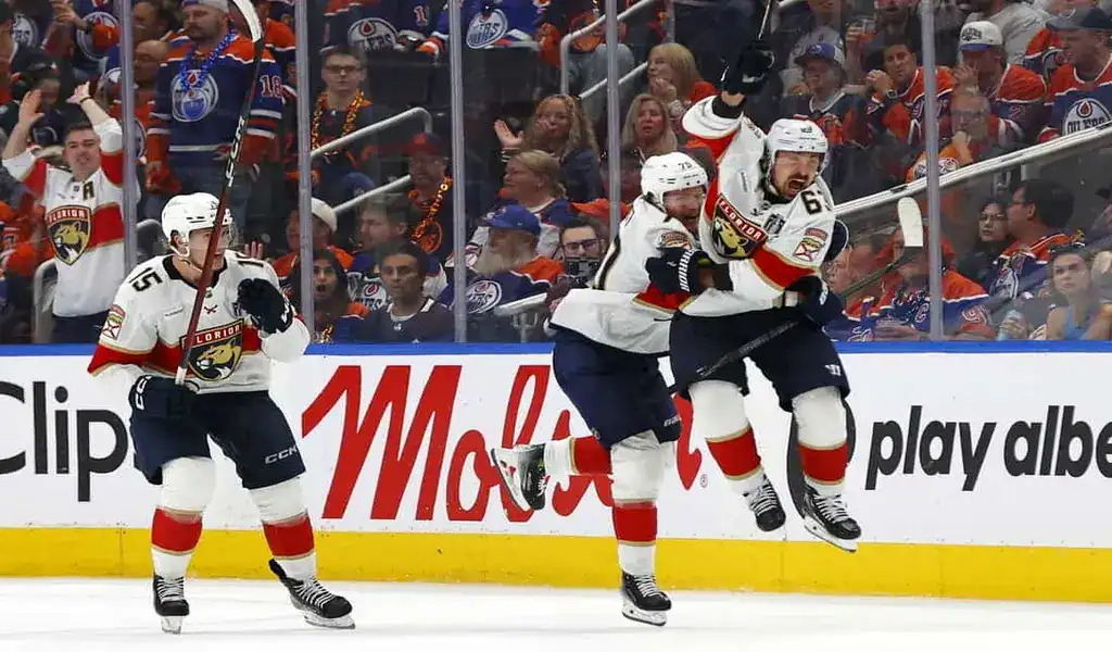 NHL 2 Florida Panthers players celebrate during game against the Edmonton Oilers, June 9th 2025