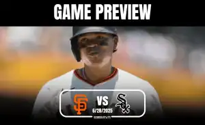 Graphic announcing a game preview between the San Francisco Giants and the Chicago White Sox on June 28, 2025.