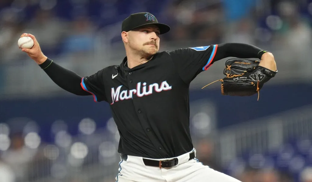 Miami Marlins pitcher delivers a pitch during the game against the San Francisco Giants on June 26, 2025