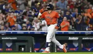 Houston Astros player celebrates after scoring against Chicago Cubs during June 28th 2025 MLB matchup