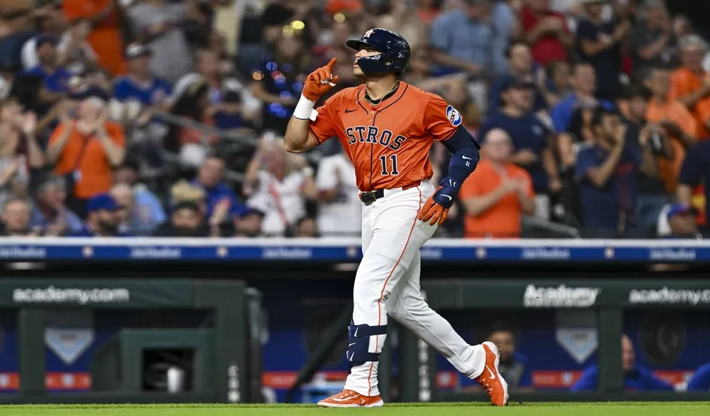 Houston Astros player celebrates after scoring against Chicago Cubs during June 28th 2025 MLB matchup
