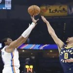 Indiana Pacers and Oklahoma City Thunder players in action during an NBA game on June 19th 2025