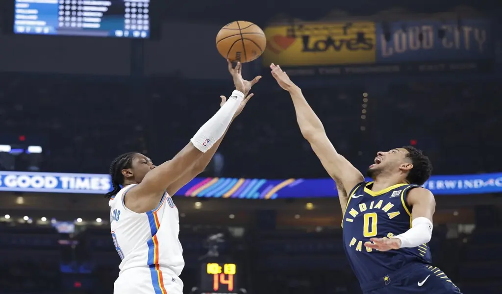 Indiana Pacers and Oklahoma City Thunder players in action during an NBA game on June 19th 2025