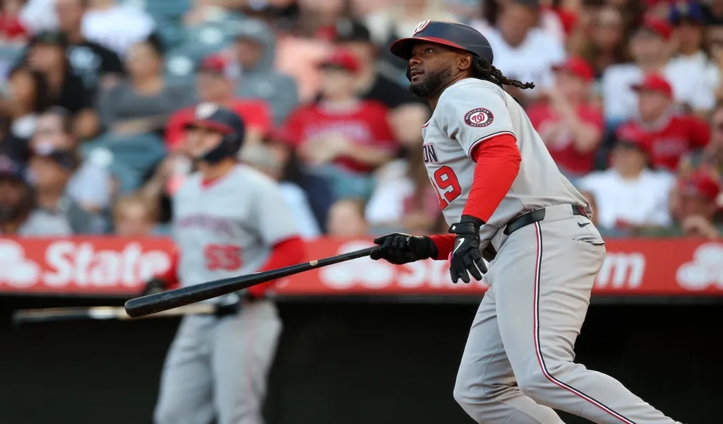 Washington Nationals batter watches his hit against the Los Angeles Angels during June 28th 2025 MLB game