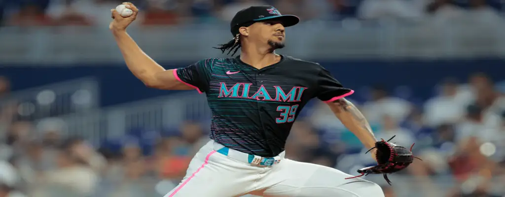 San Francisco Giants vs Miami Marlins Picks and Predictions June 26th 2025 2 Miami Marlins pitcher in vibrant neon-trimmed jersey mid-throw during a home game