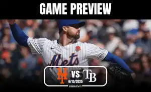 A New York Mets pitcher delivers a pitch during a game preview against the Tampa Bay Rays on June 13, 2025.