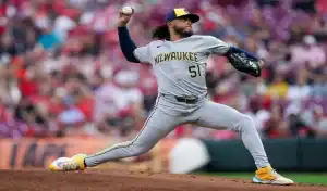 Milwaukee Brewers pitcher in action against the San Diego Padres, June 8th 2025