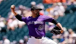 Colorado Rockies pitcher delivers pitch during MLB game vs Milwaukee Brewers June 28th 2025