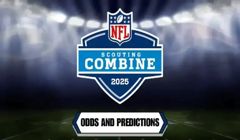 Logotipo oficial del NFL Scouting Combine 2025 en un estadio iluminado, destacando probabilidades y predicciones para el evento.