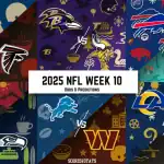 Home 23 Graphic showcasing NFL matches for Week 10 of 2025, featuring team logos and odds predictions.