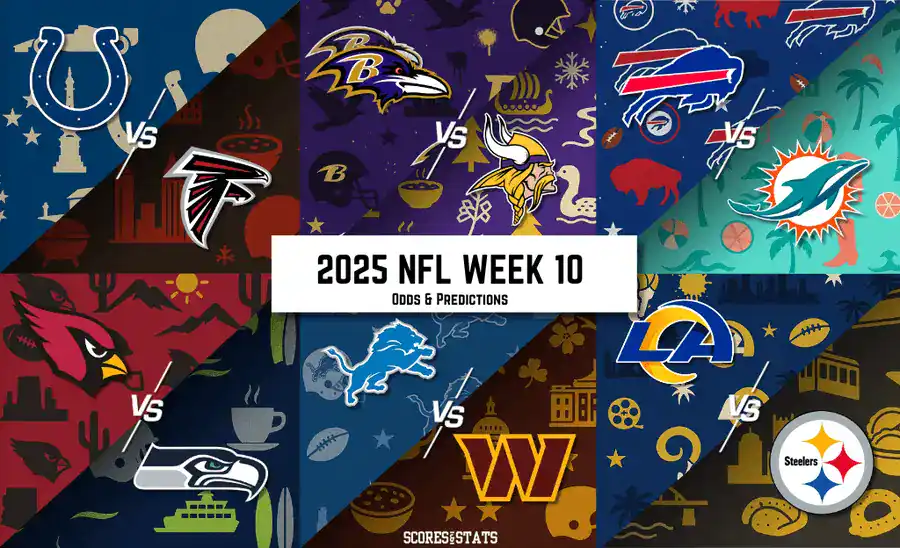 Graphic showcasing NFL matches for Week 10 of 2025, featuring team logos and odds predictions.