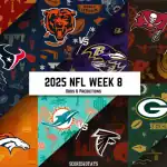 2025 NFL Week 8 matchups poster featuring team logos and backgrounds for six games with Odds & Predictions