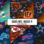 Home 22 A graphic showing the matchups for NFL Week 9 in 2025, featuring team logos and the text "Odds & Predictions."