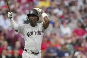 A baseball player in a grey New York Yankees uniform holds a bat, surrounded by a blurred crowd in a stadium.