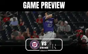 A baseball player in action wearing a purple jersey prepares to hit. Game preview for Washington Nationals vs. Colorado Rockies, June 19, 2025.