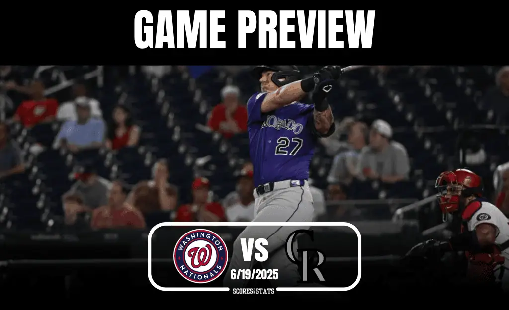A baseball player in action wearing a purple jersey prepares to hit. Game preview for Washington Nationals vs. Colorado Rockies, June 19, 2025.