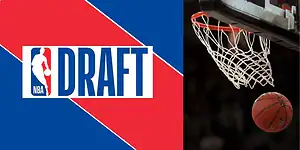 The image features the NBA Draft logo alongside a basketball approaching the hoop, set against a red and blue background.