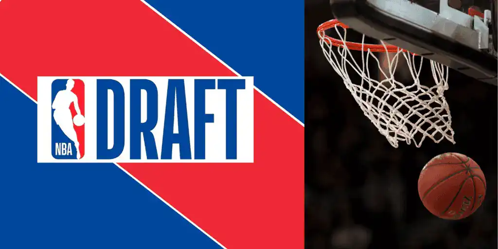 The image features the NBA Draft logo alongside a basketball approaching the hoop, set against a red and blue background.