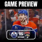 An excited hockey player in an orange jersey celebrates, while fans cheer wildly in the background. Game preview: Oilers vs Panthers.