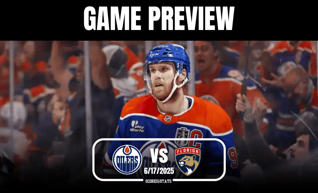 An excited hockey player in an orange jersey celebrates, while fans cheer wildly in the background. Game preview: Oilers vs Panthers.