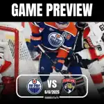 An intense hockey matchup between the Edmonton Oilers and Florida Panthers, featuring players in action near the net.