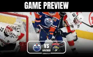 An intense hockey matchup between the Edmonton Oilers and Florida Panthers, featuring players in action near the net.