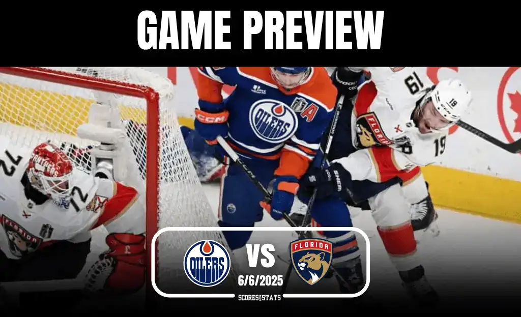 An intense hockey matchup between the Edmonton Oilers and Florida Panthers, featuring players in action near the net.