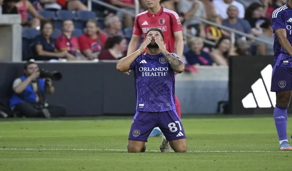 Orlando City player reacts emotionally during match vs FC Cincinnati on June 28th 2025