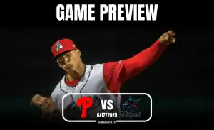 A pitcher in a red and white baseball uniform prepares to throw, with game preview details overlaying the image.