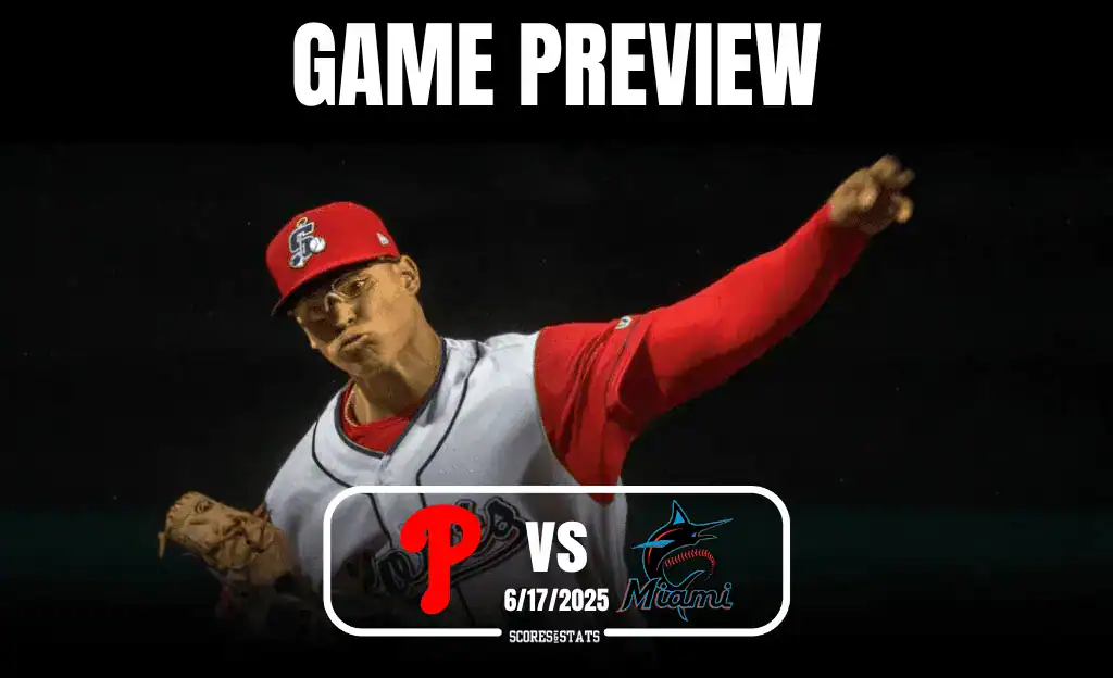 A pitcher in a red and white baseball uniform prepares to throw, with game preview details overlaying the image.