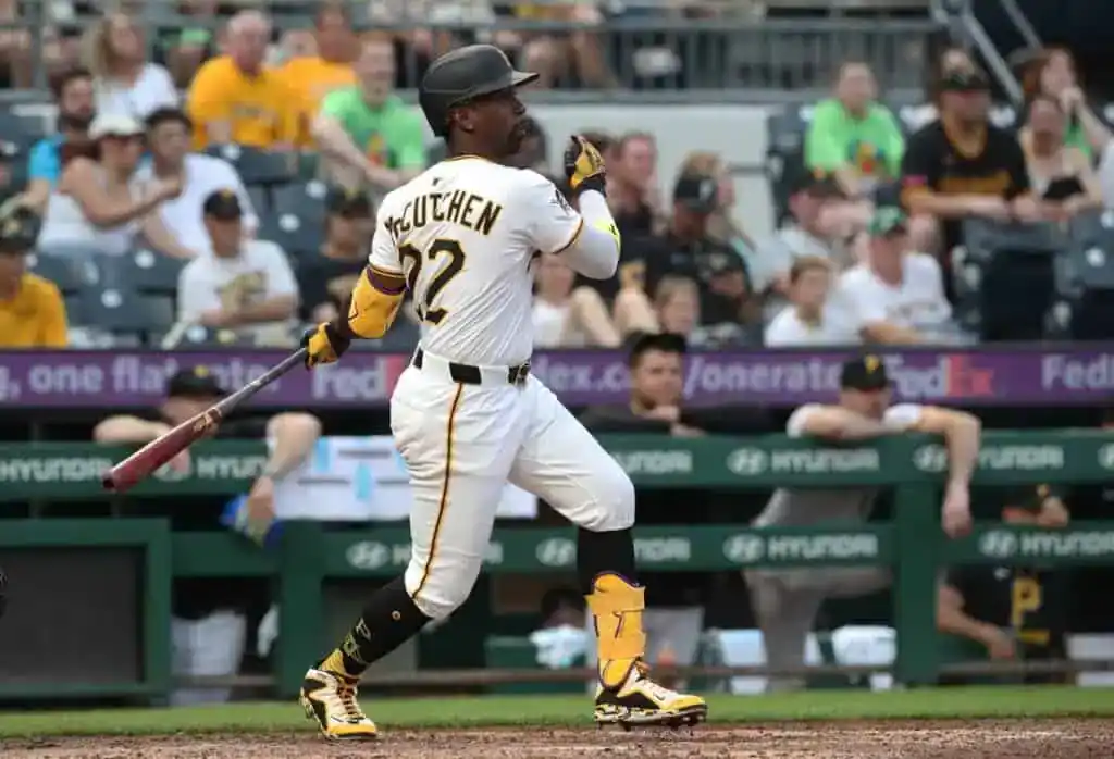 Andrew McCutchen of the Pittsburgh Pirates, number 22, watches the ball after hitting it during a game