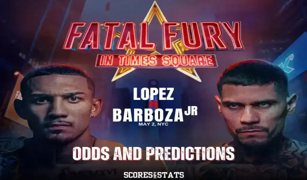 Imagen del combate entre Arnold Barboza Jr. y Teofimo Lopez Jr. en el evento Fatal Fury en Times Square, destacando las probabilidades y predicciones para este enfrentamiento de boxeo.