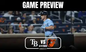 A baseball player in a light blue uniform runs towards home base, with fans in the stands observing the game. Game preview for TB vs. BAL.