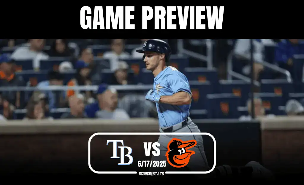 7 A baseball player in a light blue uniform runs towards home base, with fans in the stands observing the game. Game preview for TB vs. BAL.