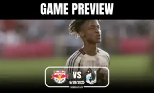A soccer player in a Red Bull jersey is featured prominently, with a blurred stadium background, promoting an upcoming match preview.