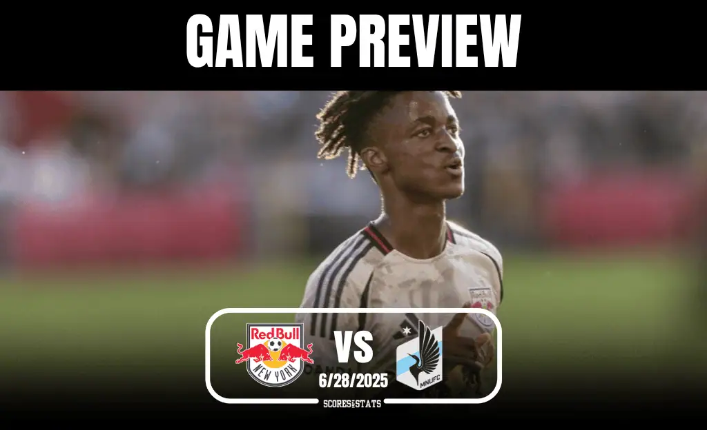 A soccer player in a Red Bull jersey is featured prominently, with a blurred stadium background, promoting an upcoming match preview.