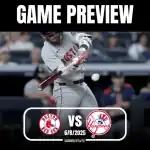 A Boston Red Sox player swings at a pitch, with fans visible in the background, in a game preview against the Yankees on June 8, 2025.