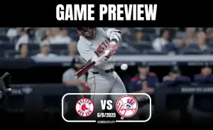A Boston Red Sox player swings at a pitch, with fans visible in the background, in a game preview against the Yankees on June 8, 2025.