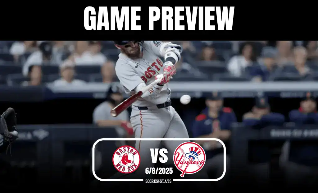A Boston Red Sox player swings at a pitch, with fans visible in the background, in a game preview against the Yankees on June 8, 2025.