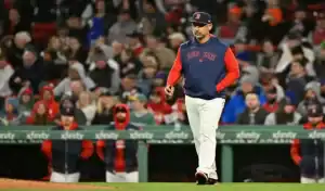 Boston Red Sox manager walks on field during game against Los Angeles Angels on June 2, 2025