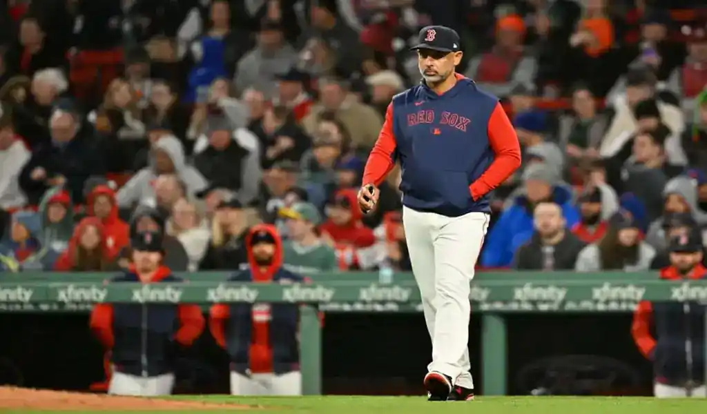 Boston Red Sox manager walks on field during game against Los Angeles Angels on June 2, 2025