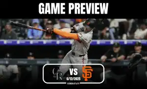 A San Francisco Giants player swings a baseball bat during a game preview against the Colorado Rockies on June 12, 2025.