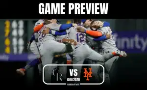 A group of baseball players in gray uniforms celebrate joyfully, with "GAME PREVIEW" and the date 6/8/2025 displayed above.