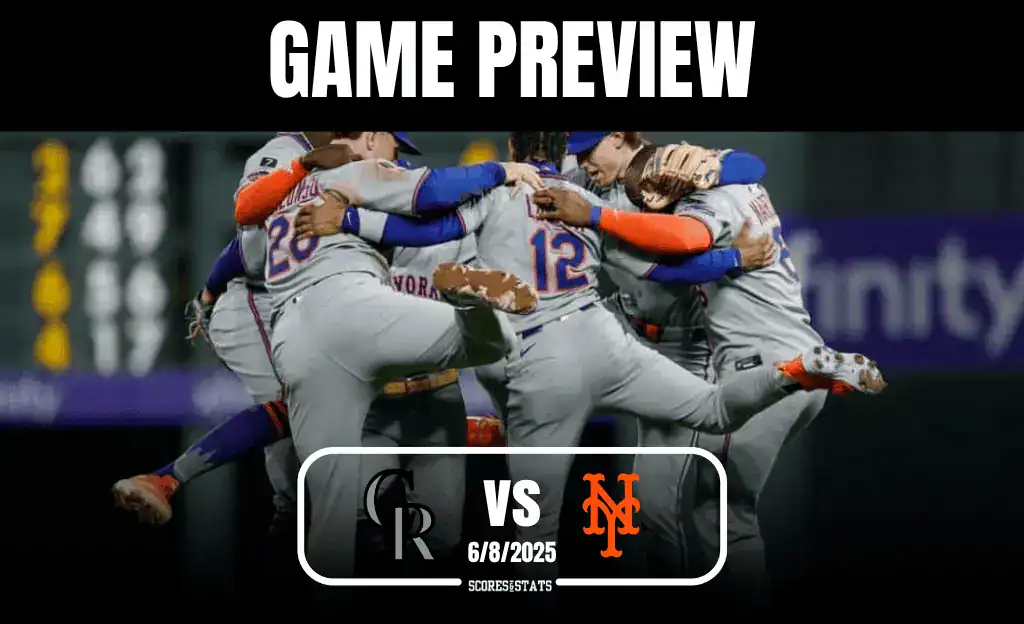 A group of baseball players in gray uniforms celebrate joyfully, with "GAME PREVIEW" and the date 6/8/2025 displayed above.