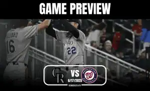 Two baseball players wearing gray uniforms celebrate in a stadium, with the game preview for Colorado Rockies vs. Washington Nationals displayed above.