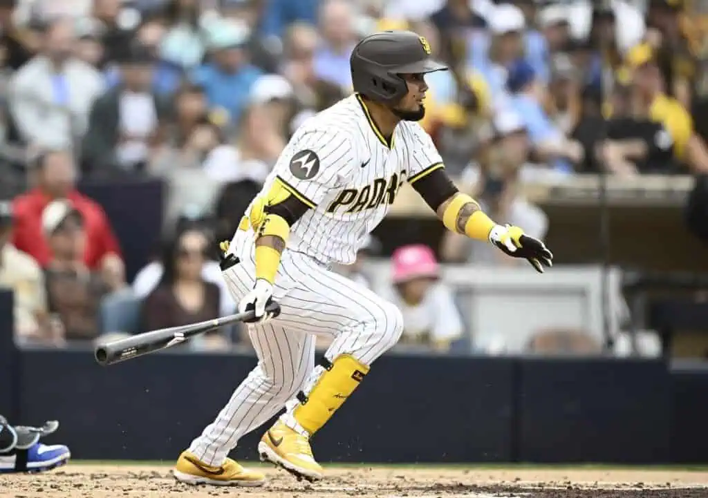 A baseball player in a uniform stands outdoors at a baseball park, holding a bat in preparation to swing. The player is surrounded by grass, with the stadium and crowd visible in the background