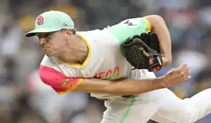 San Diego Padres pitcher in action against the Los Angeles Dodgers, June 9th 2025