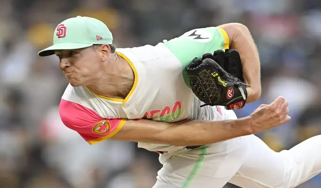 10 San Diego Padres pitcher in action against the Los Angeles Dodgers, June 9th 2025