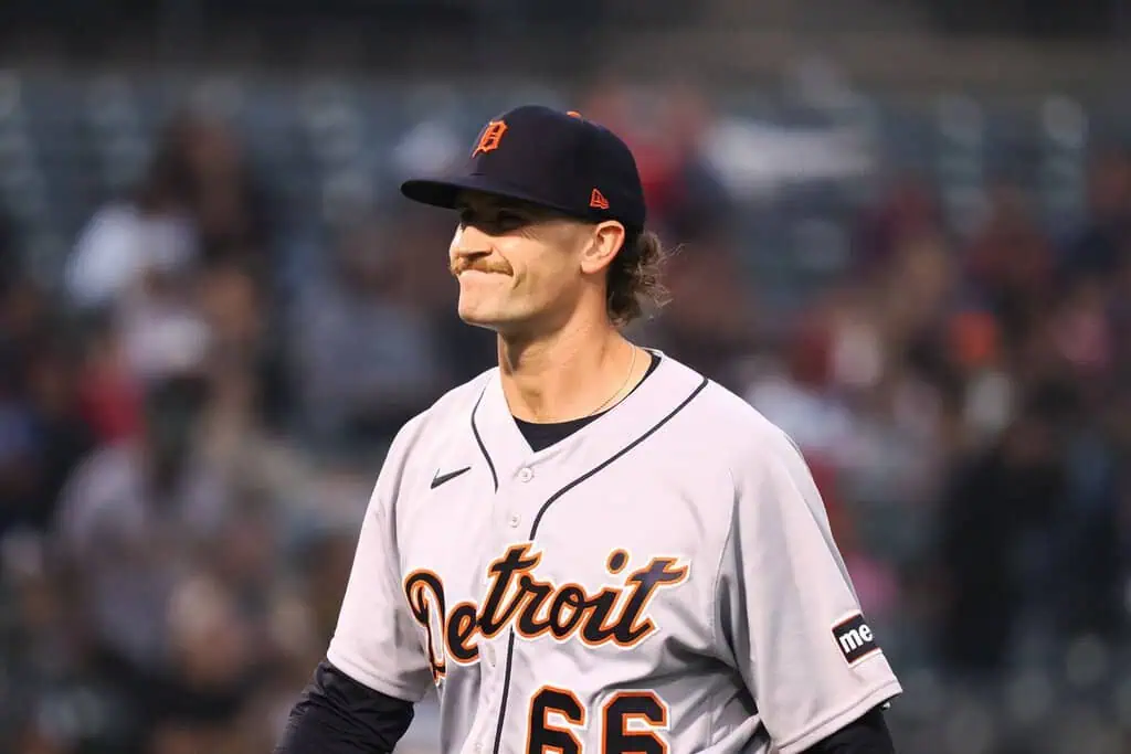 Detroit Tigers vs Minnesota Twins Picks and Predictions June 27th 2025 2 Detroit Tigers baseball player in a gray uniform and navy blue cap, smiling on the field during a game, with the number 66 visible on his jersey.